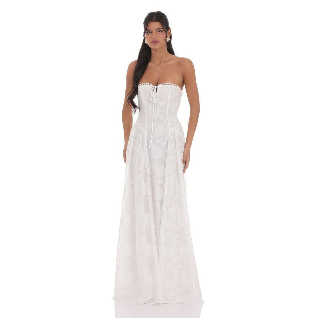 Floral Lace-Up Maxi Dress in White