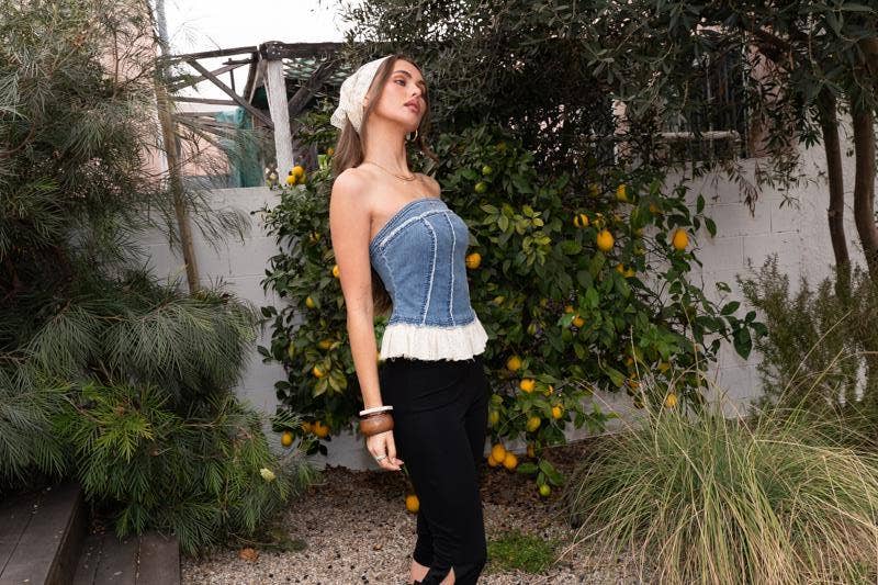 Denim Tube Top With Eyelet Frilled Hem