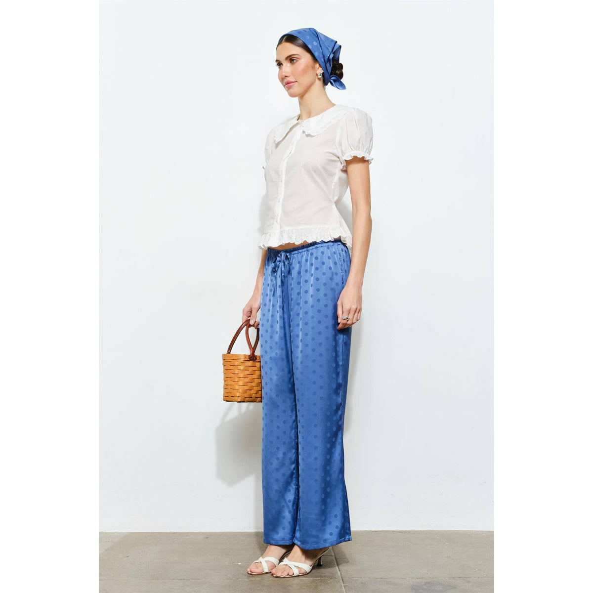 Vivienne Satin Jacquard Polka Dot Wide Leg Drawstring Pants