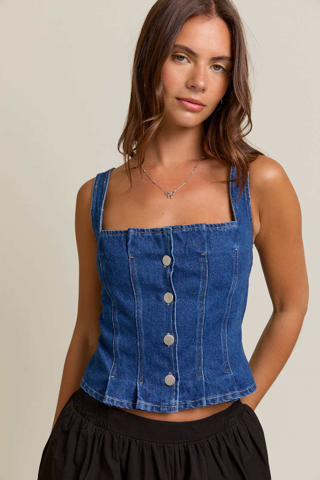 FRONT PLEATED DETAIL SLEEVELESS DENIM TOP