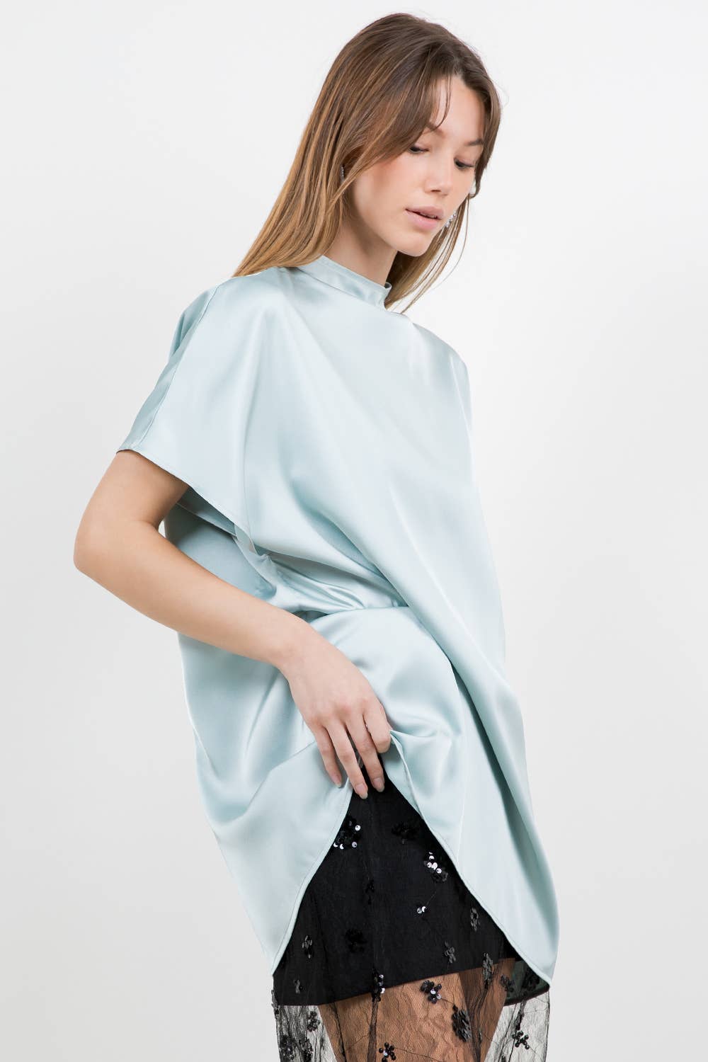 Mini Cowl Neck Satin Shirt Blouse