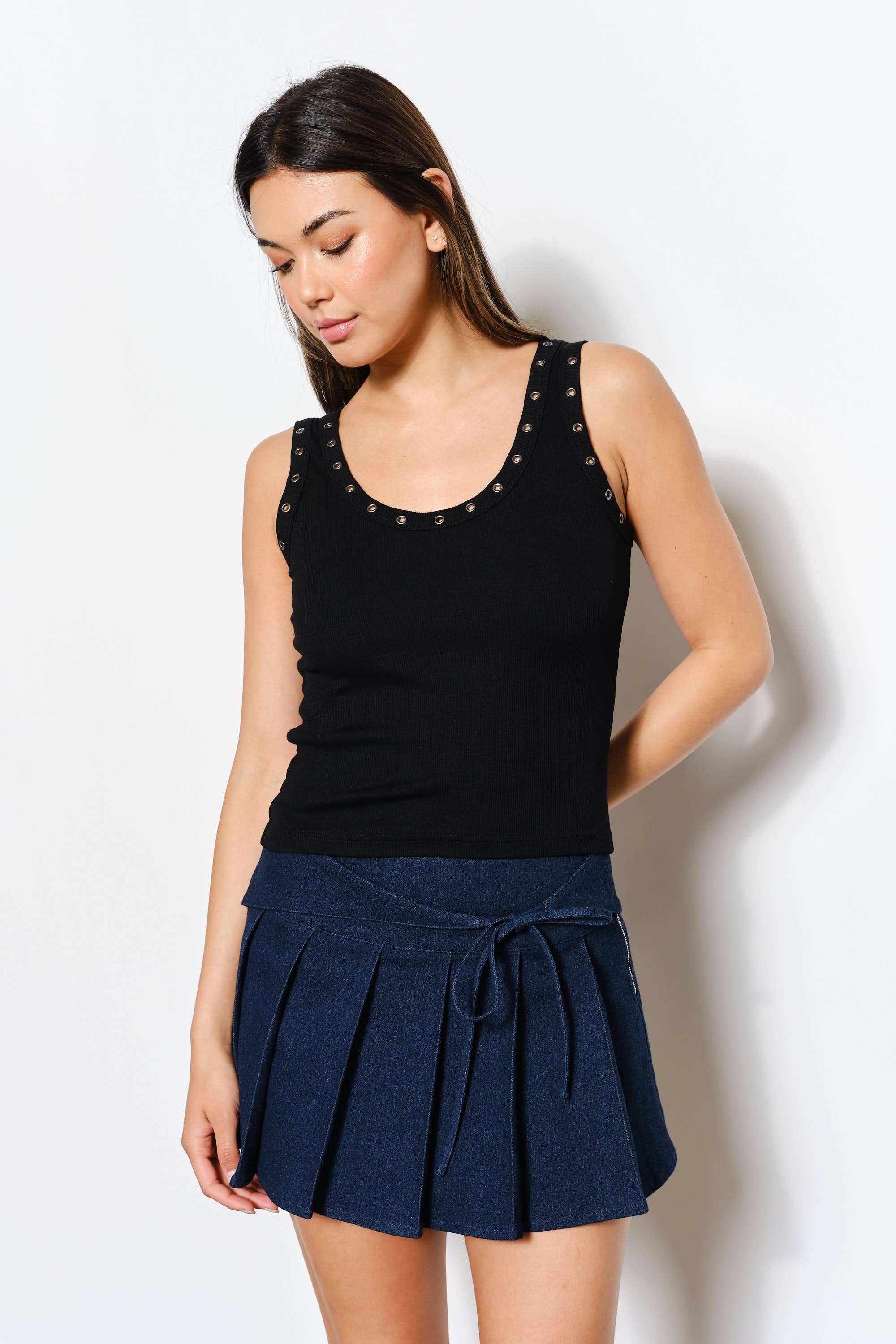 EYELET RIBBED KNIT TANK