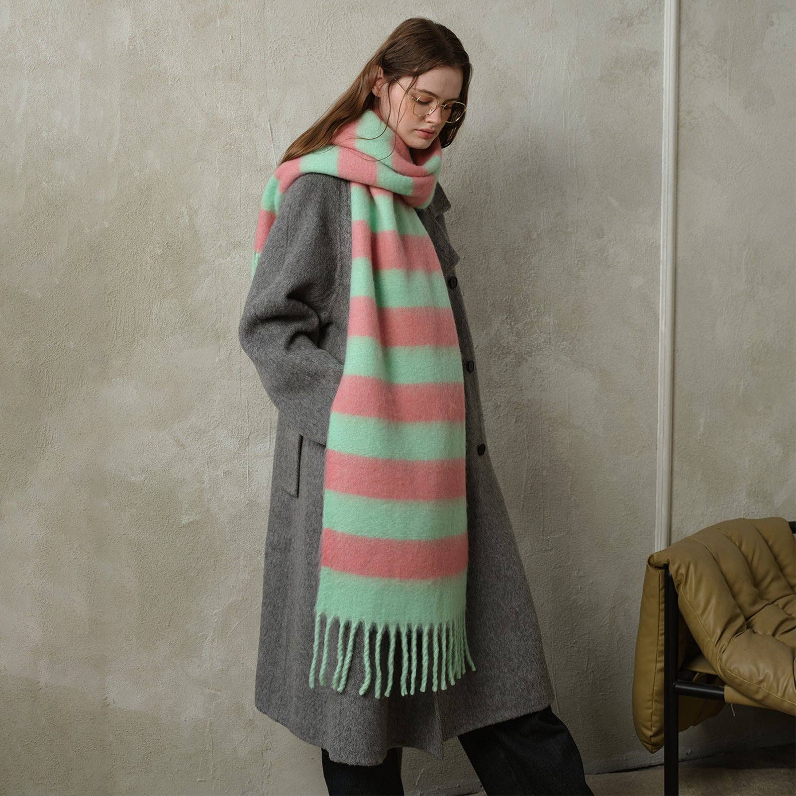 Striped Color Block Thicken Tassel Warm Scarf