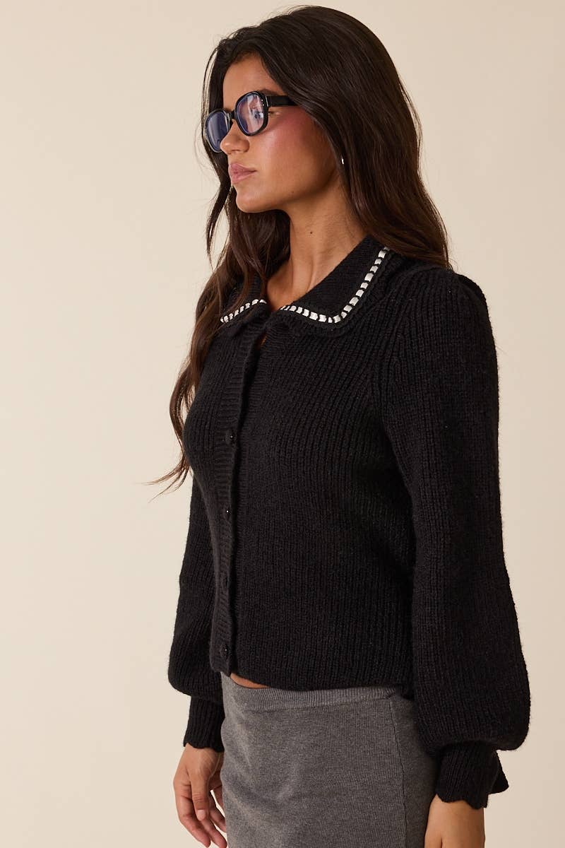 Lace Point Collared Back Tie Knit Sweater