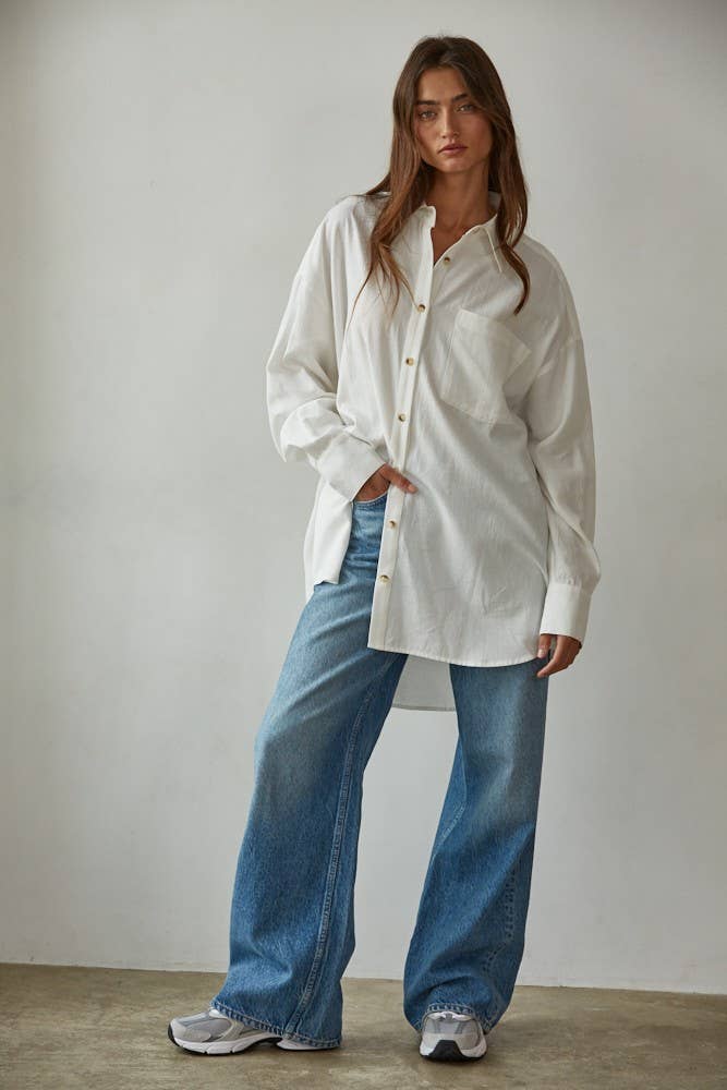 Woven Cotton Button Down Collar Neck Long Sleeve