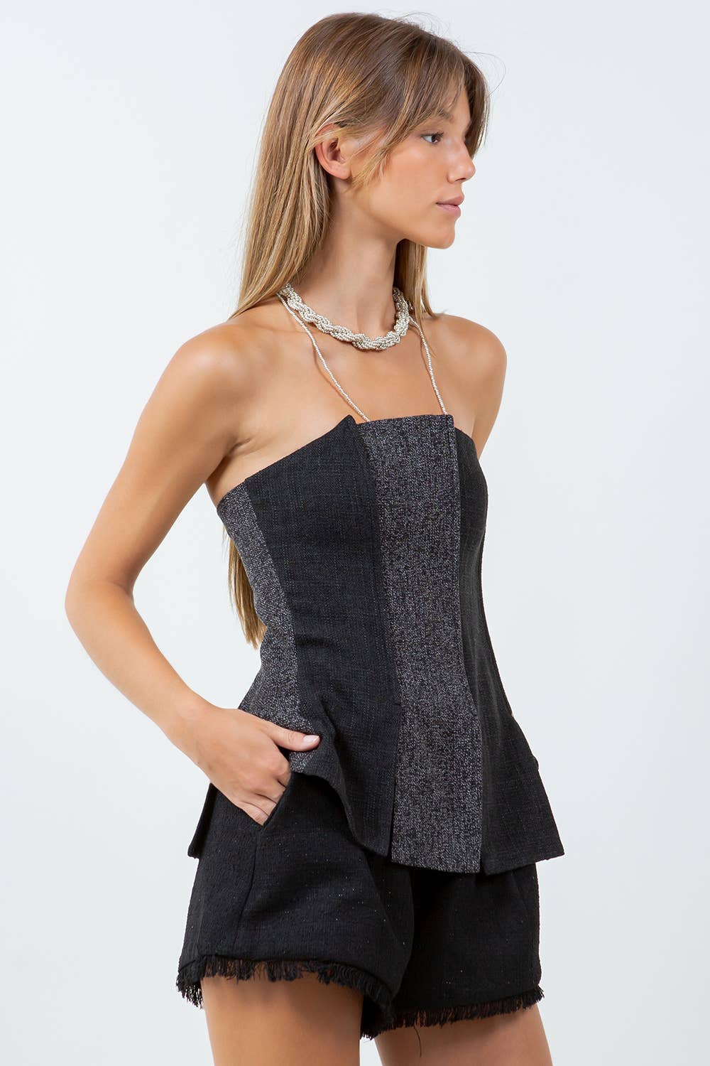 TWO TONE TWEED BUSTIER TOP - BLACK COMBO