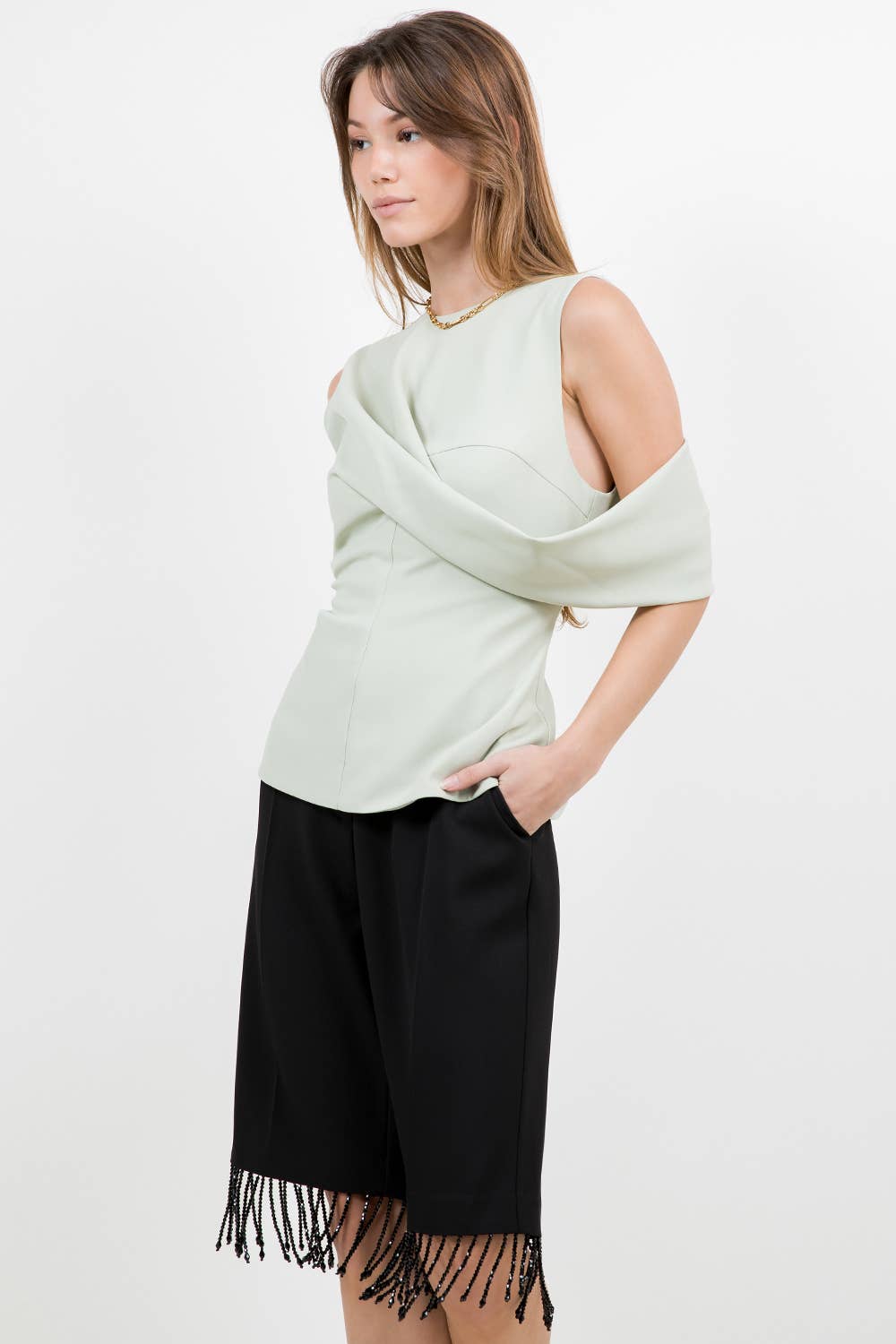 SOFT WOVEN DRAPE DETAILED SLEEVELESS FITTED TOP - SAGE