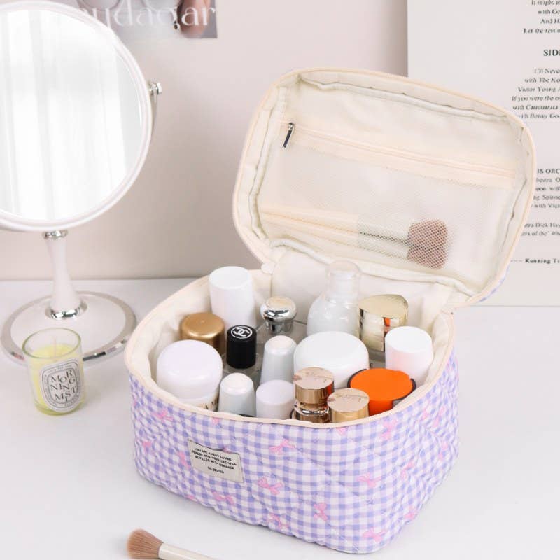 Sweet Color Block Plaid Bow Cosmetic Bag