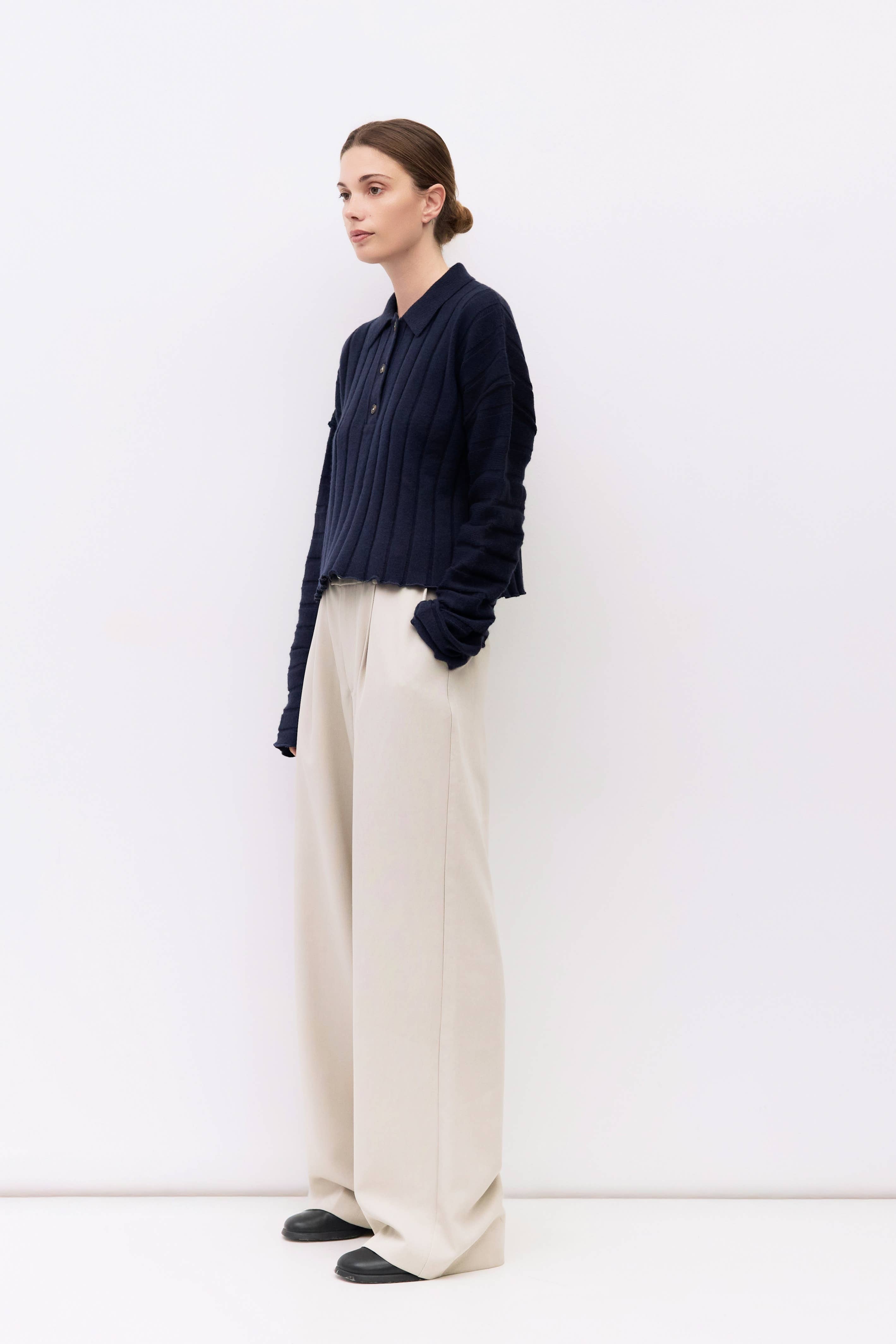 The Karina Sweater | Cropped Ribbed Knit Polo Sweater
