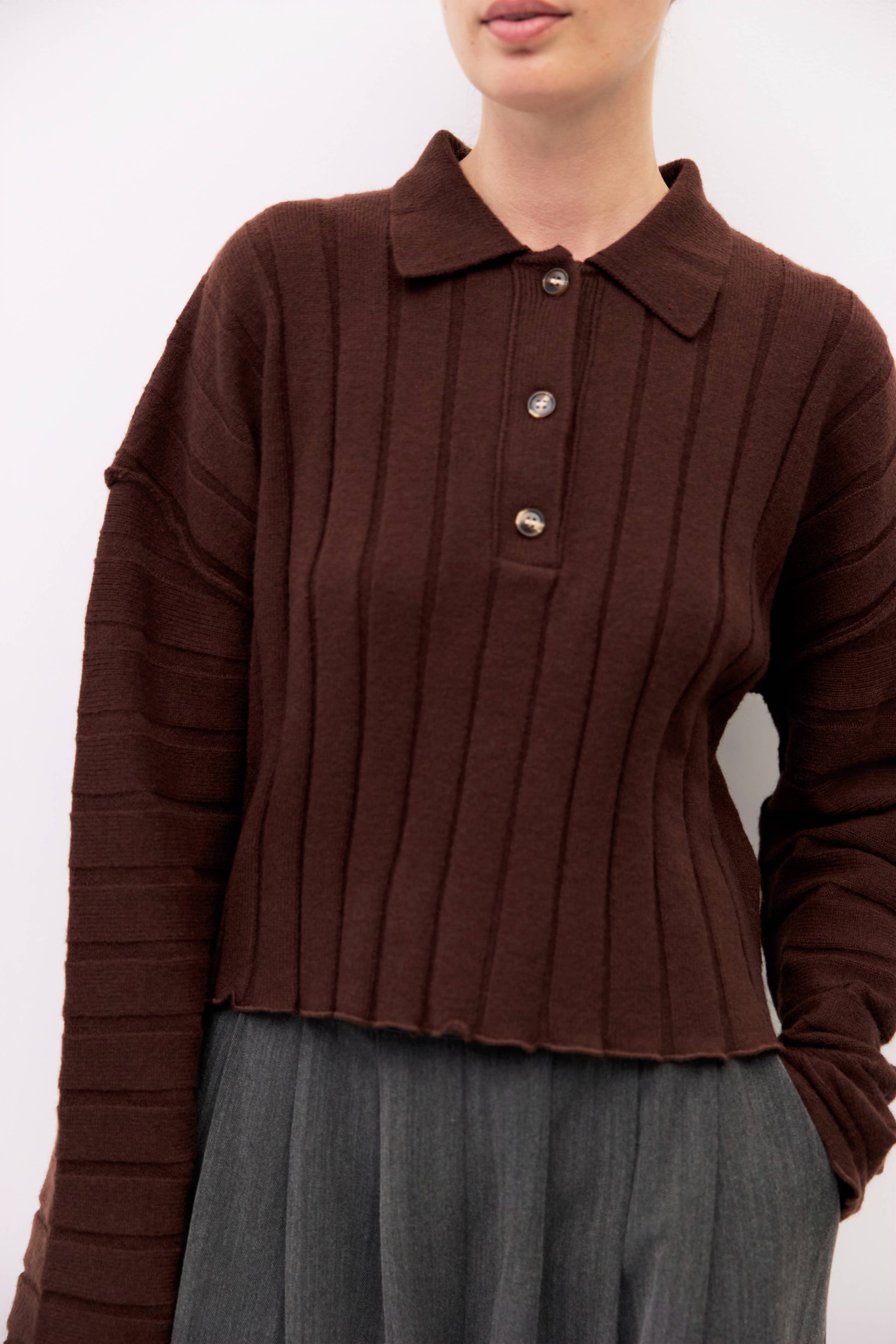 The Karina Sweater | Cropped Ribbed Knit Polo Sweater