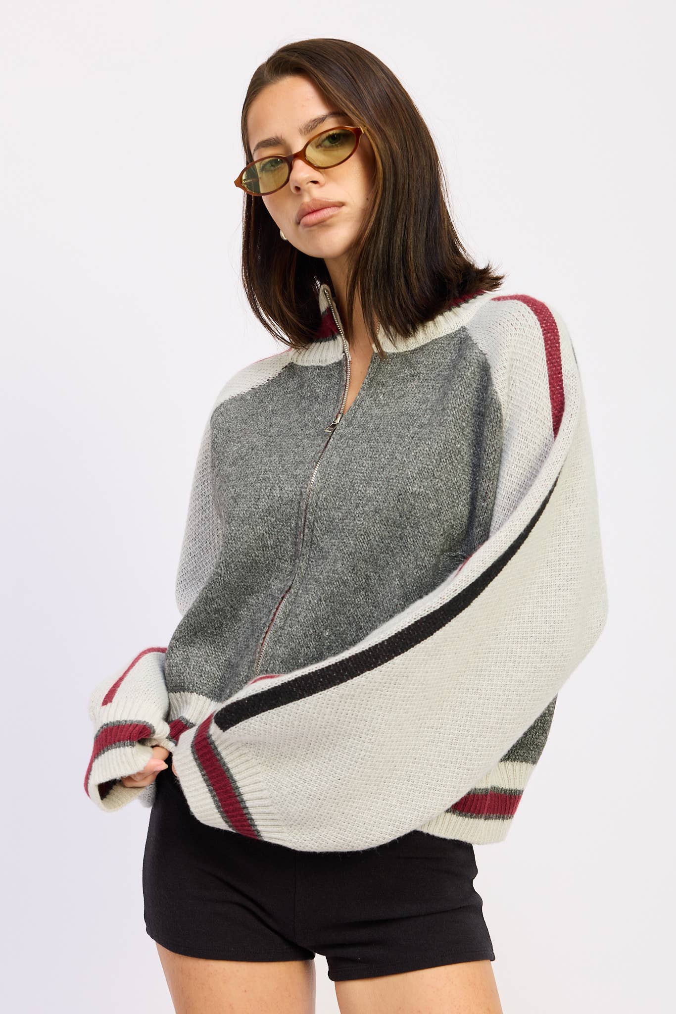Zip Up Sweater Cardigan With Mock Neck