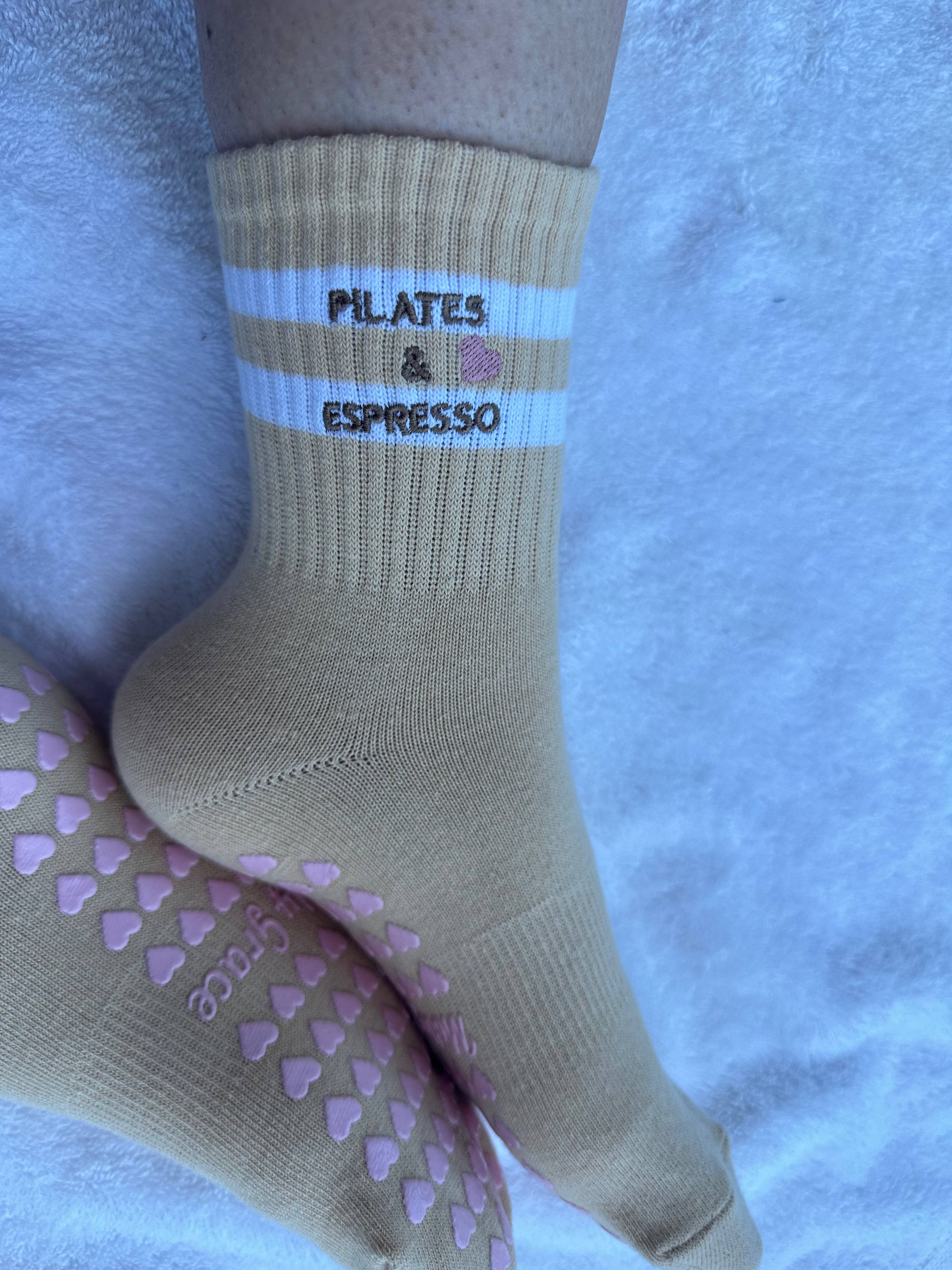 PILATES & ESPRESSO tan grip sock with pink heart grips