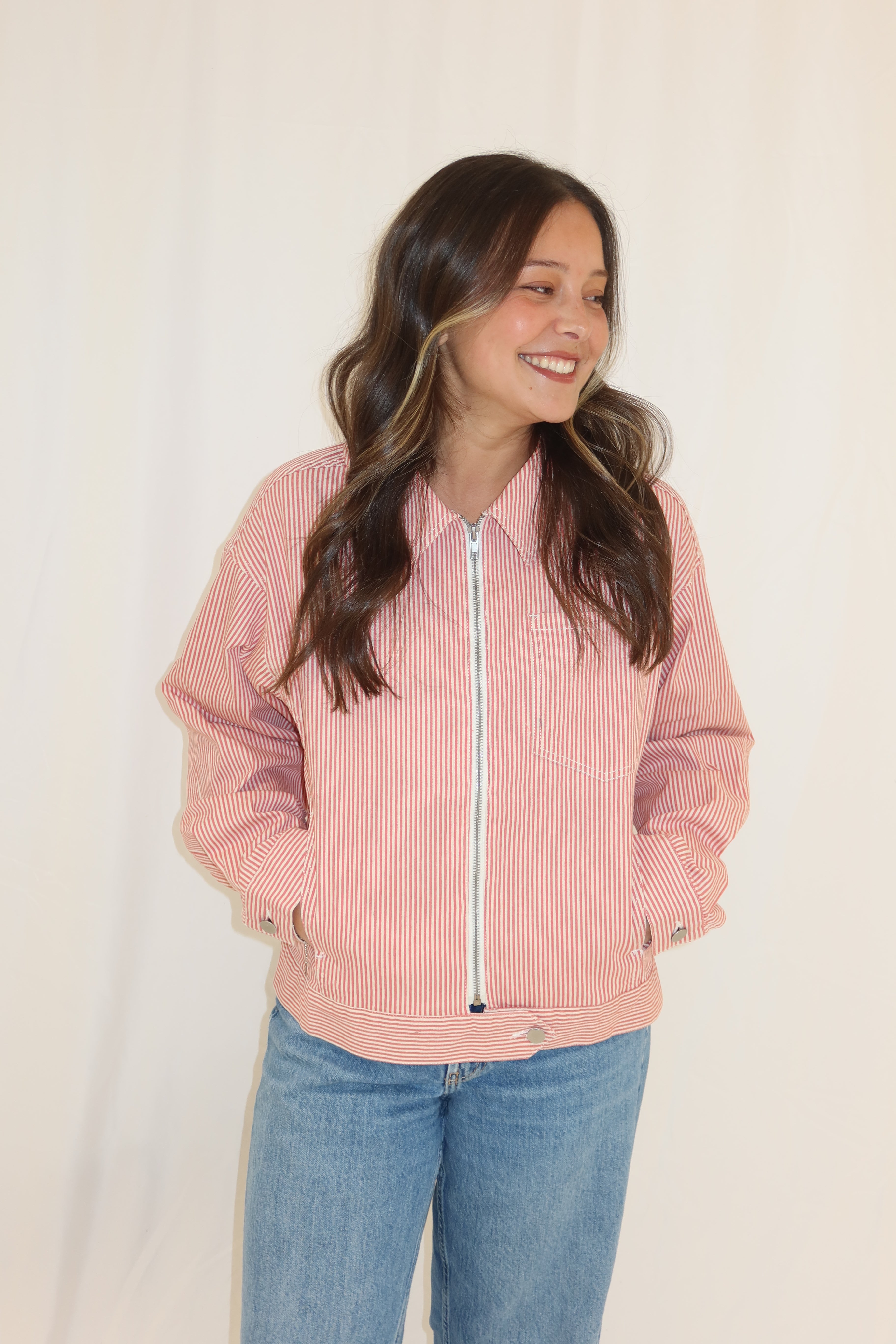 Stripe Stretch Twill Zip-Up Bomber Jacket