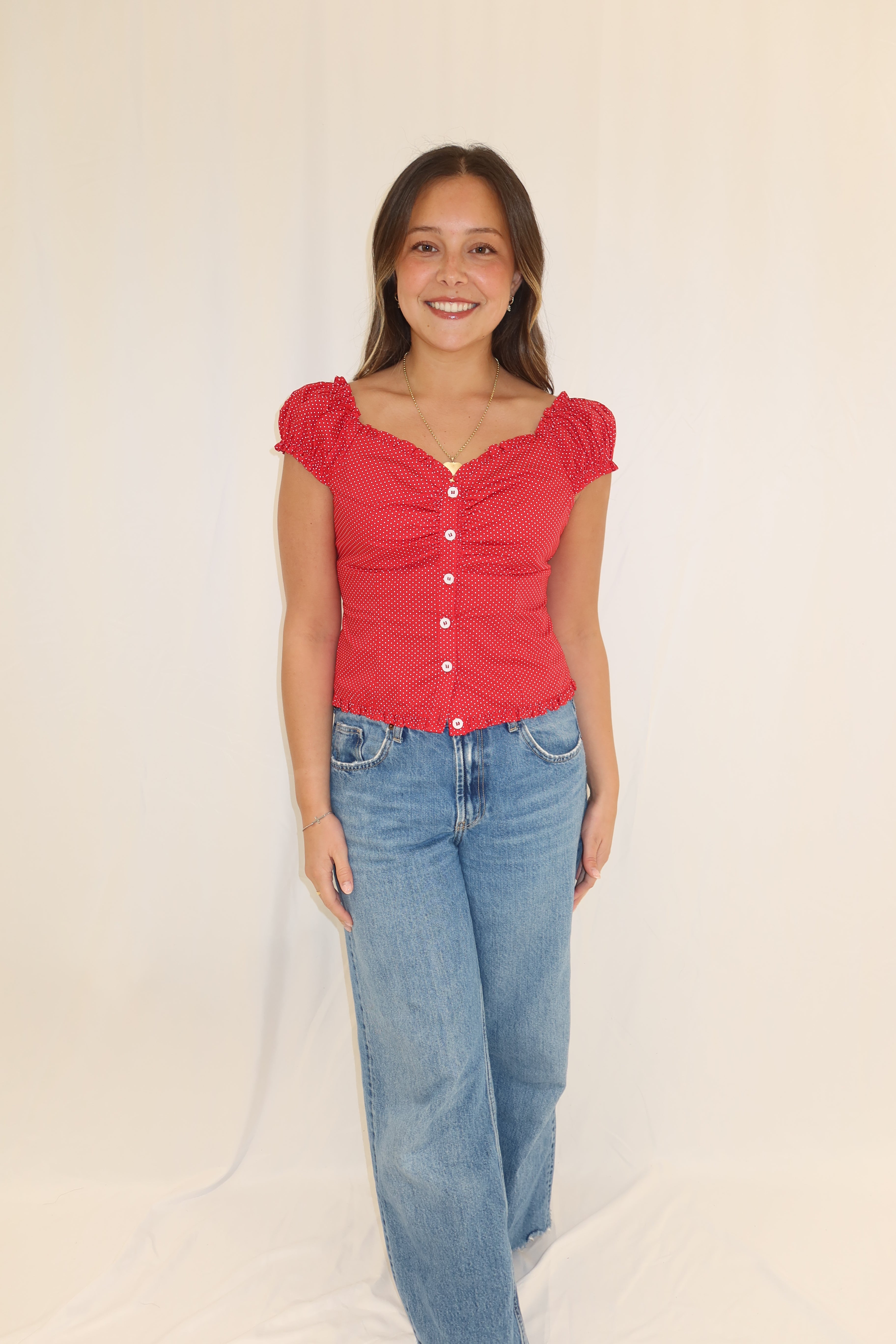 Cap Sleeve Button Down Polka Dot Top