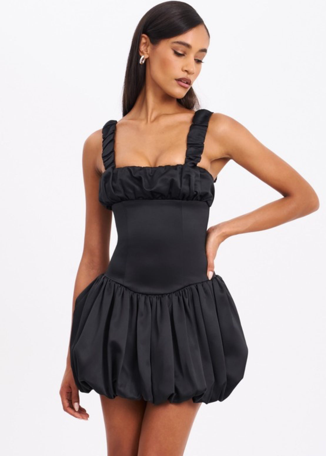 Miss Circle - Aubrey black satin bubble hem dress