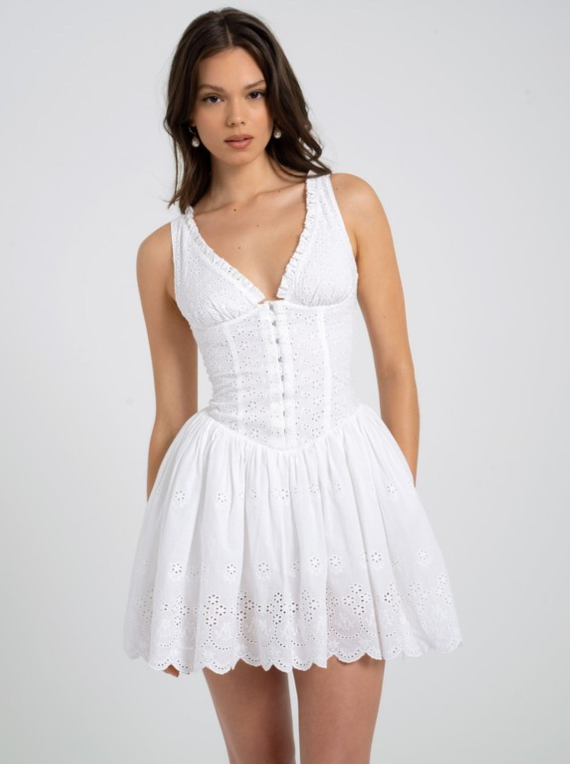Miss Circle - Aaliyah White Eyelet Plunging Halter Mini Dress