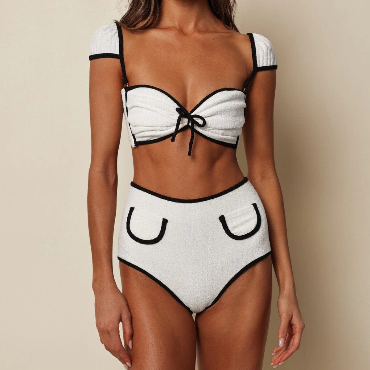 Montce - Cream (Black Binded) Terry Rib Cabana Bows Bikini Top