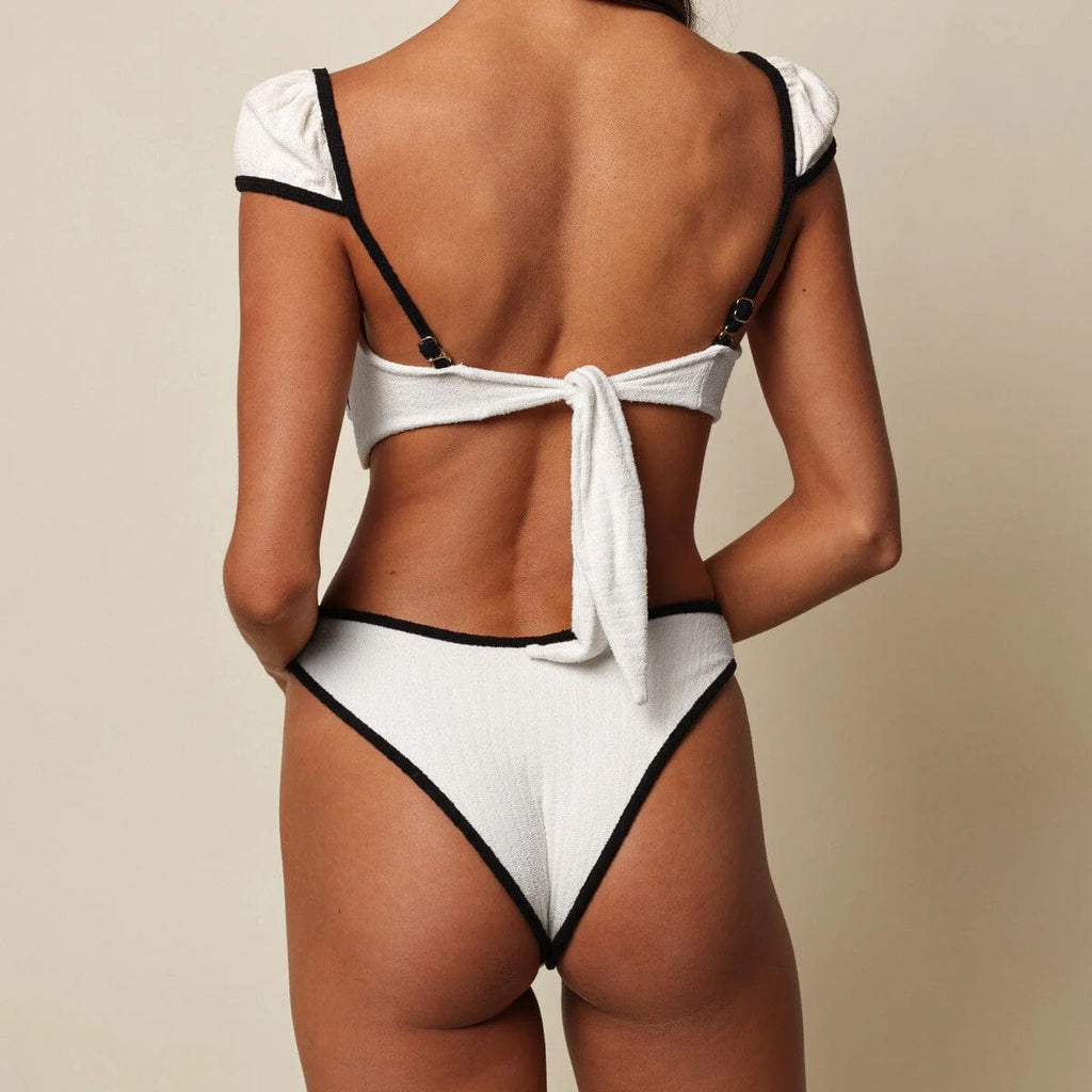 Montce - Cream (Black Binded) Terry Rib Cabana Bows Bikini Top