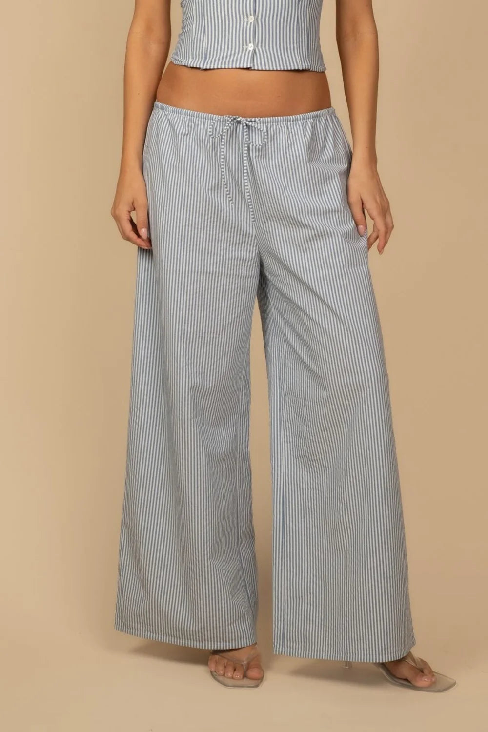 Classic Blue Stripe Drawstring Wide-Leg Pant