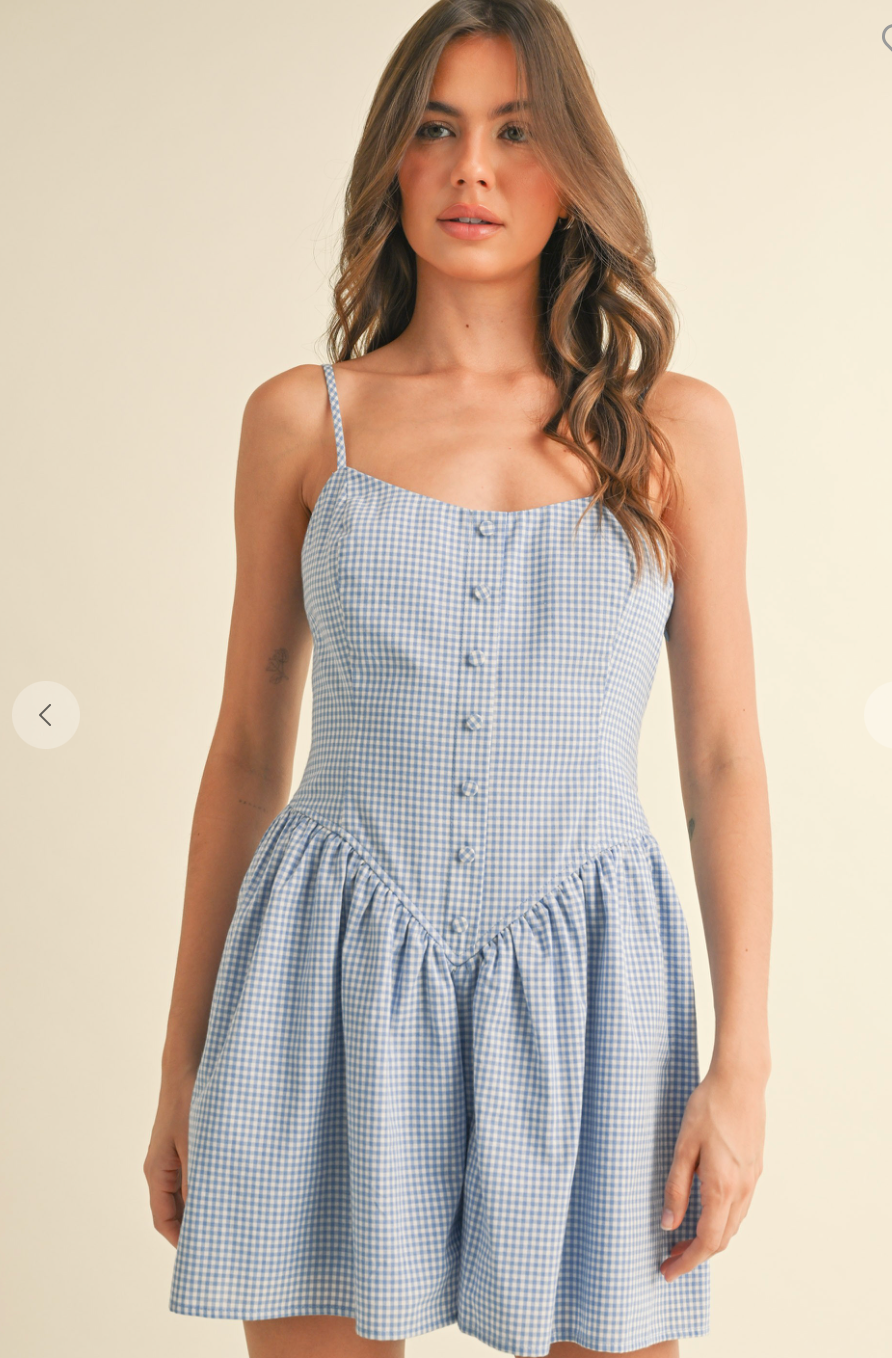 Gingham Front Button Detailed Chevron Waist Romper