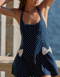 Polka Dot Halter Romper With Front Bow Details