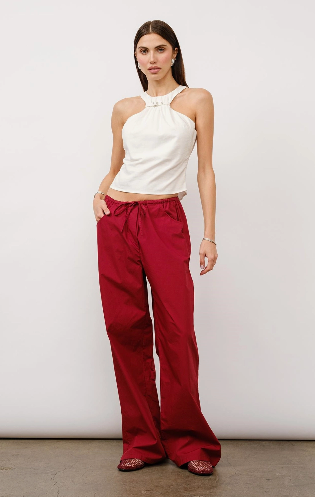 Marin Drawstring Waist Poplin Pants - Merlot
