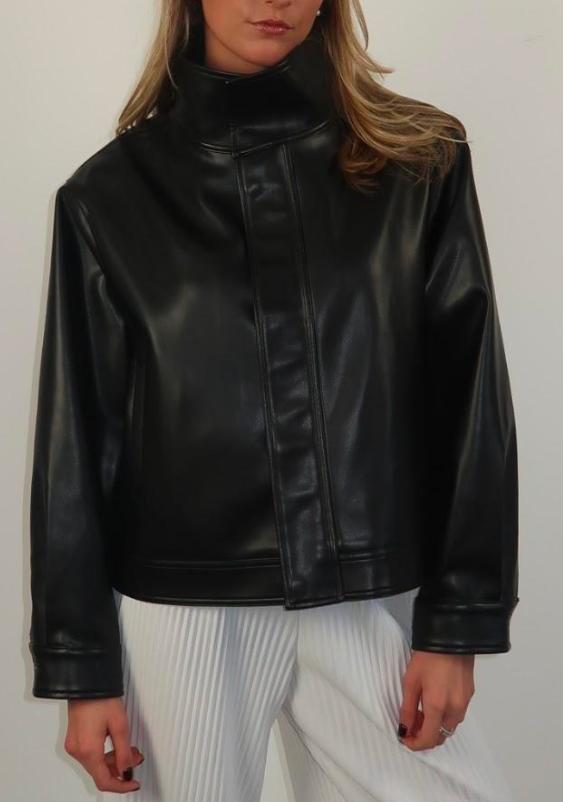 Mock Neck Vegan Leather Jacket