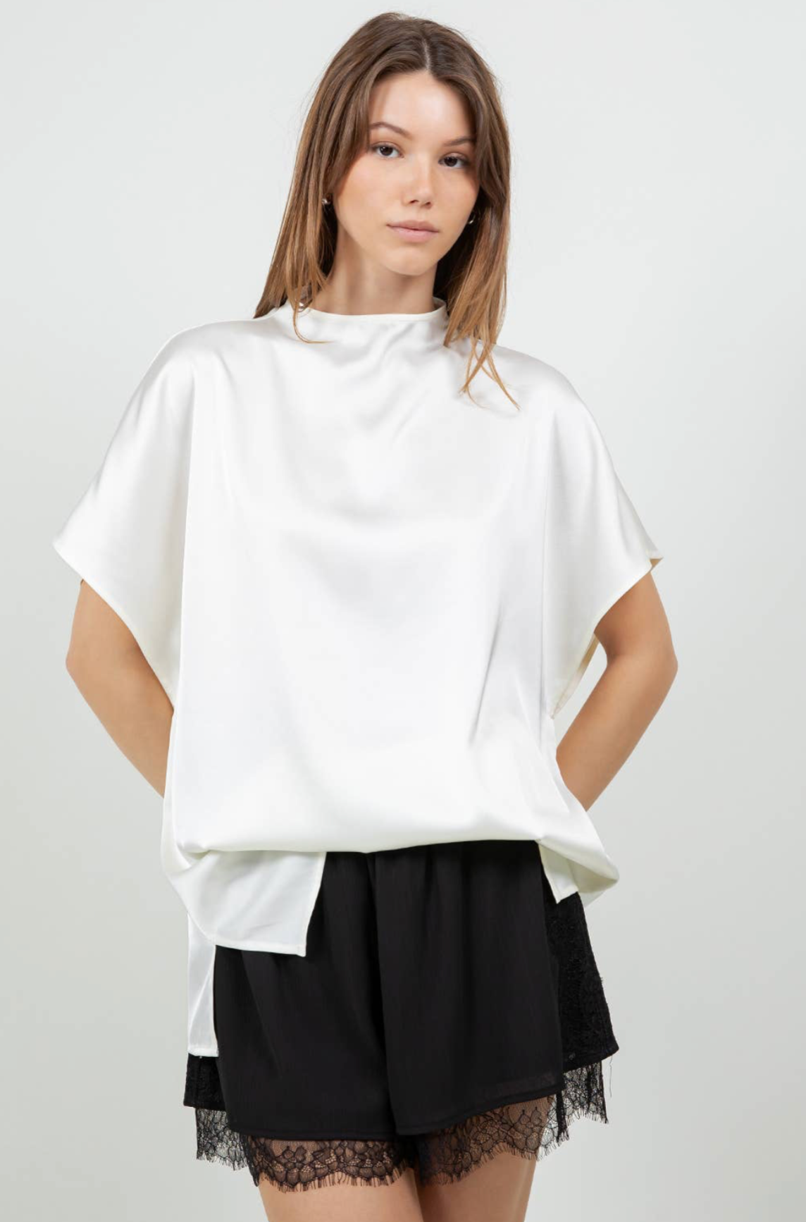 Mini Cowl Neck Satin Shirt Blouse