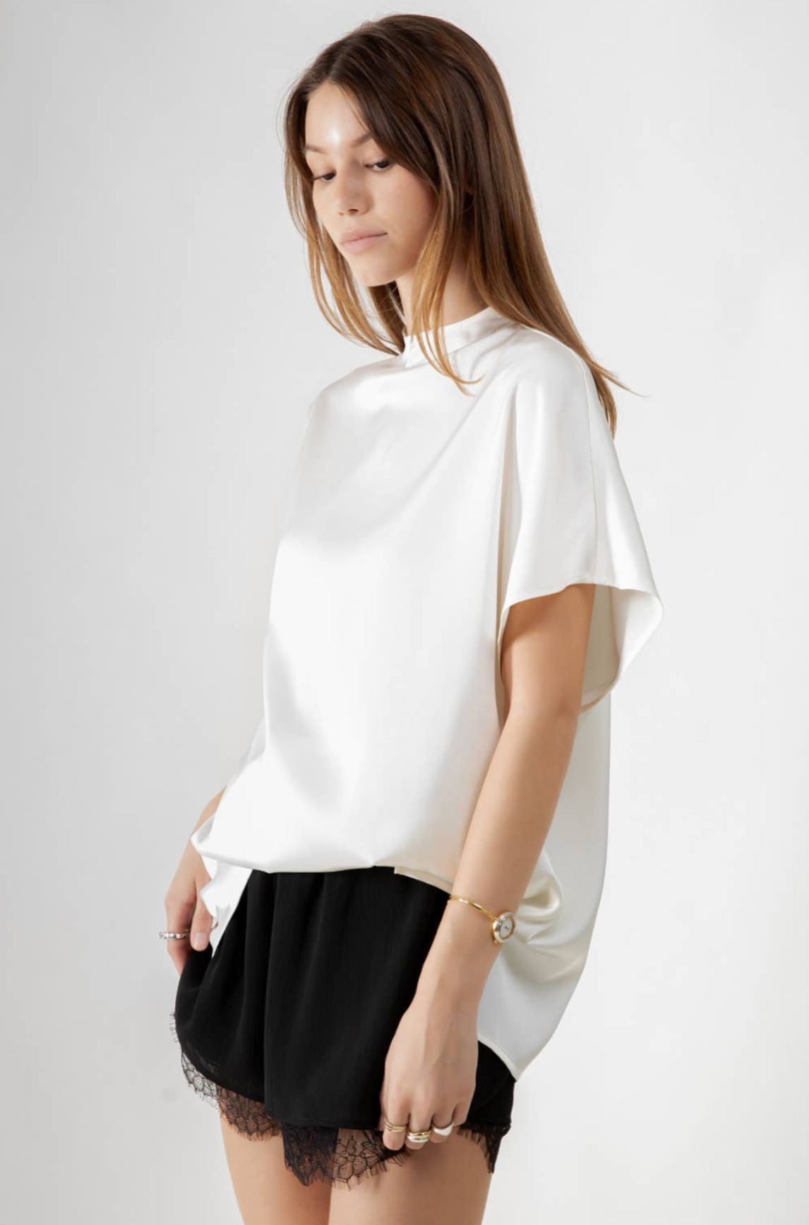 Mini Cowl Neck Satin Shirt Blouse