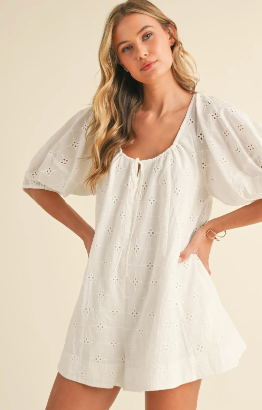 Relaxed Fit Puff Sleeve Eyelet Romper