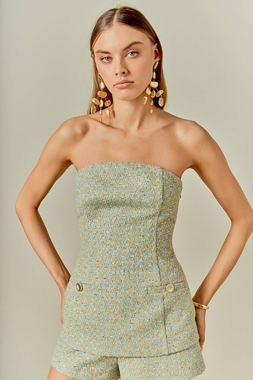 TWEED DOLD BUTTONED STRAPLESS LONG TOP