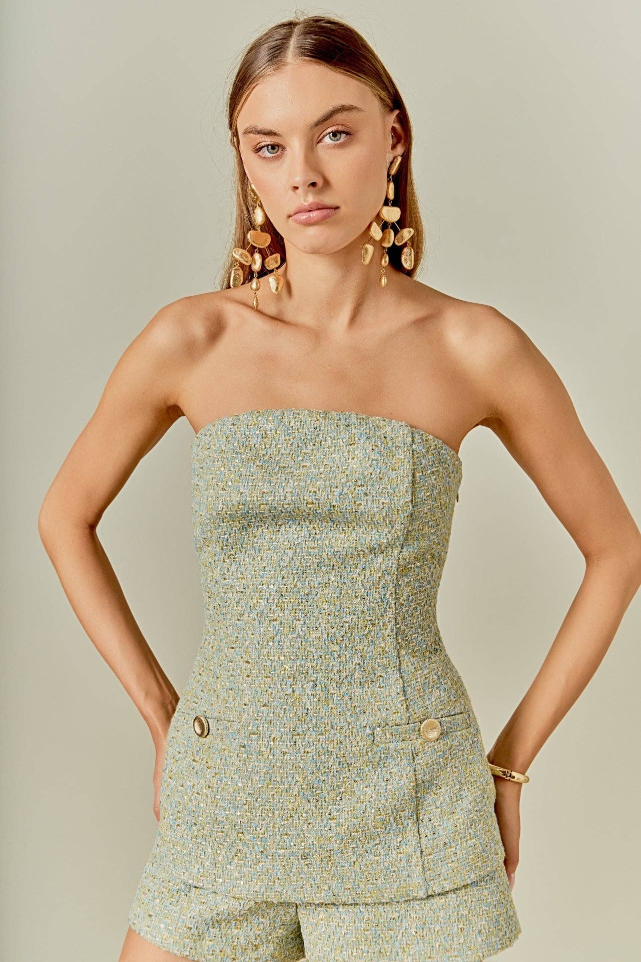 TWEED DOLD BUTTONED STRAPLESS LONG TOP