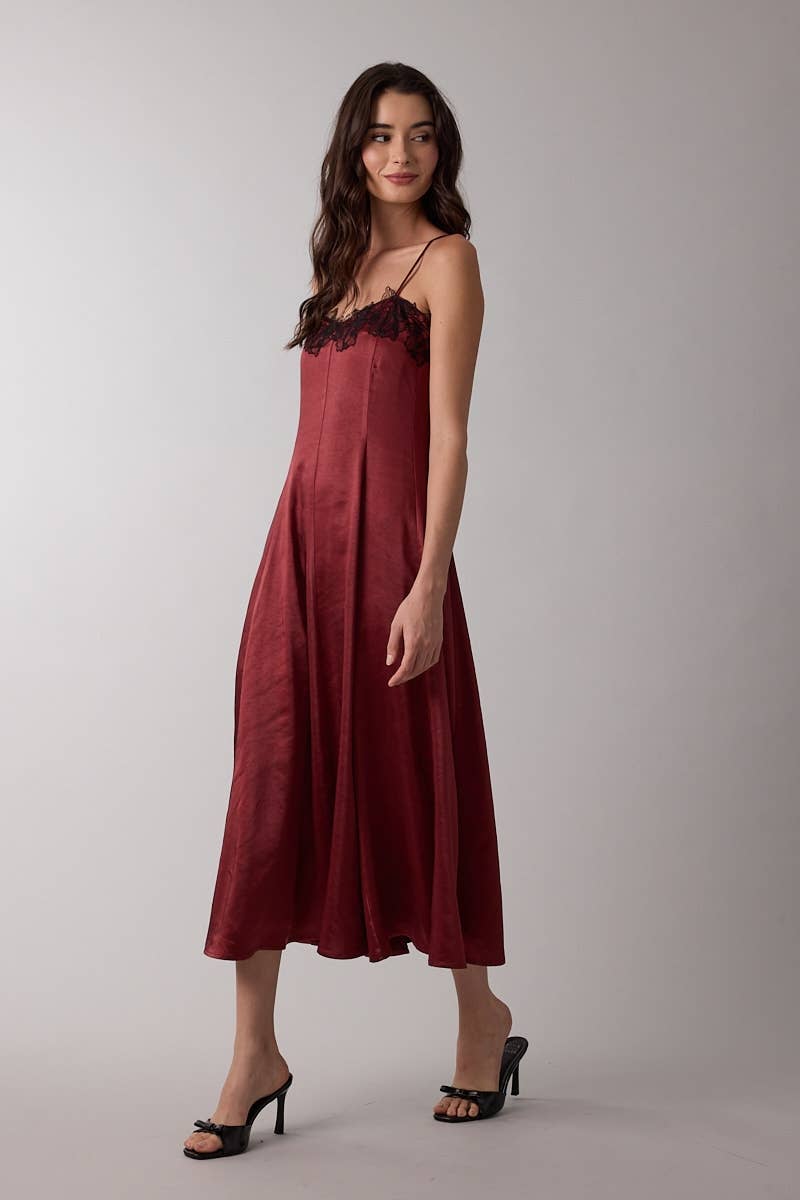 Satin Black Floral Lace Bust Sleeveless Midi Dress