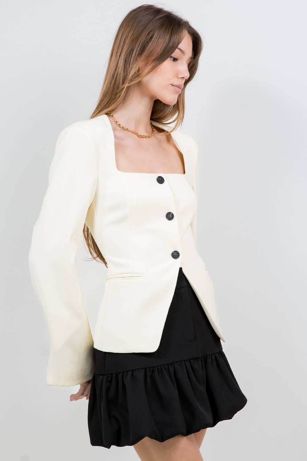 STRUCTURED WOVEN BUTTON DOWN TOP - BABY YELLOW