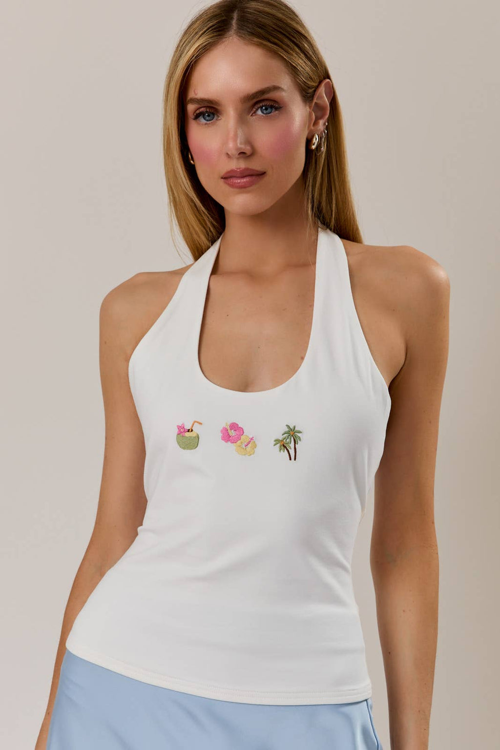 U-NECK HALTER ALOHA EMBO KNIT TOP
