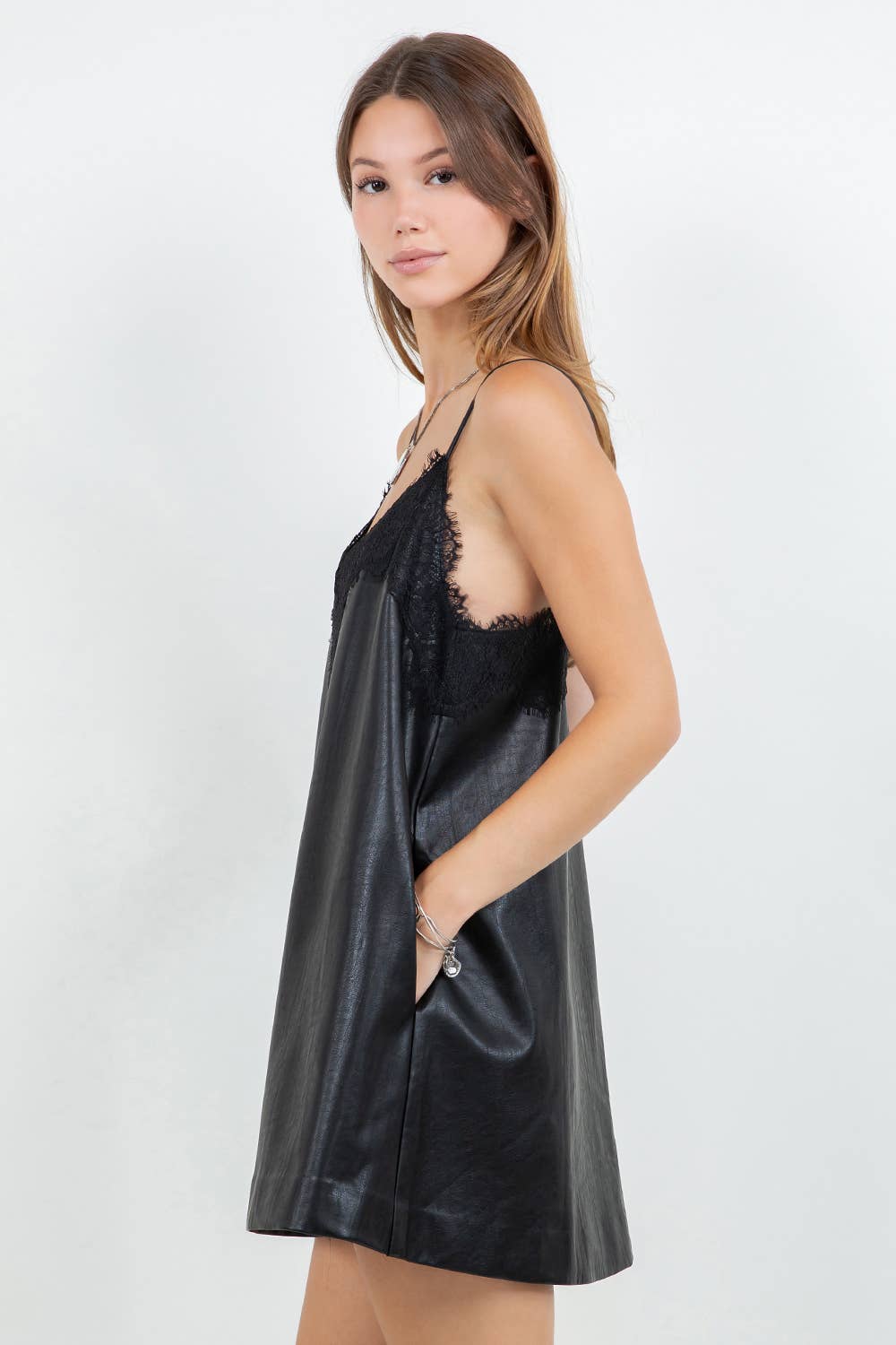 Structured Pu Leather with Accent Lace Mini Dress
