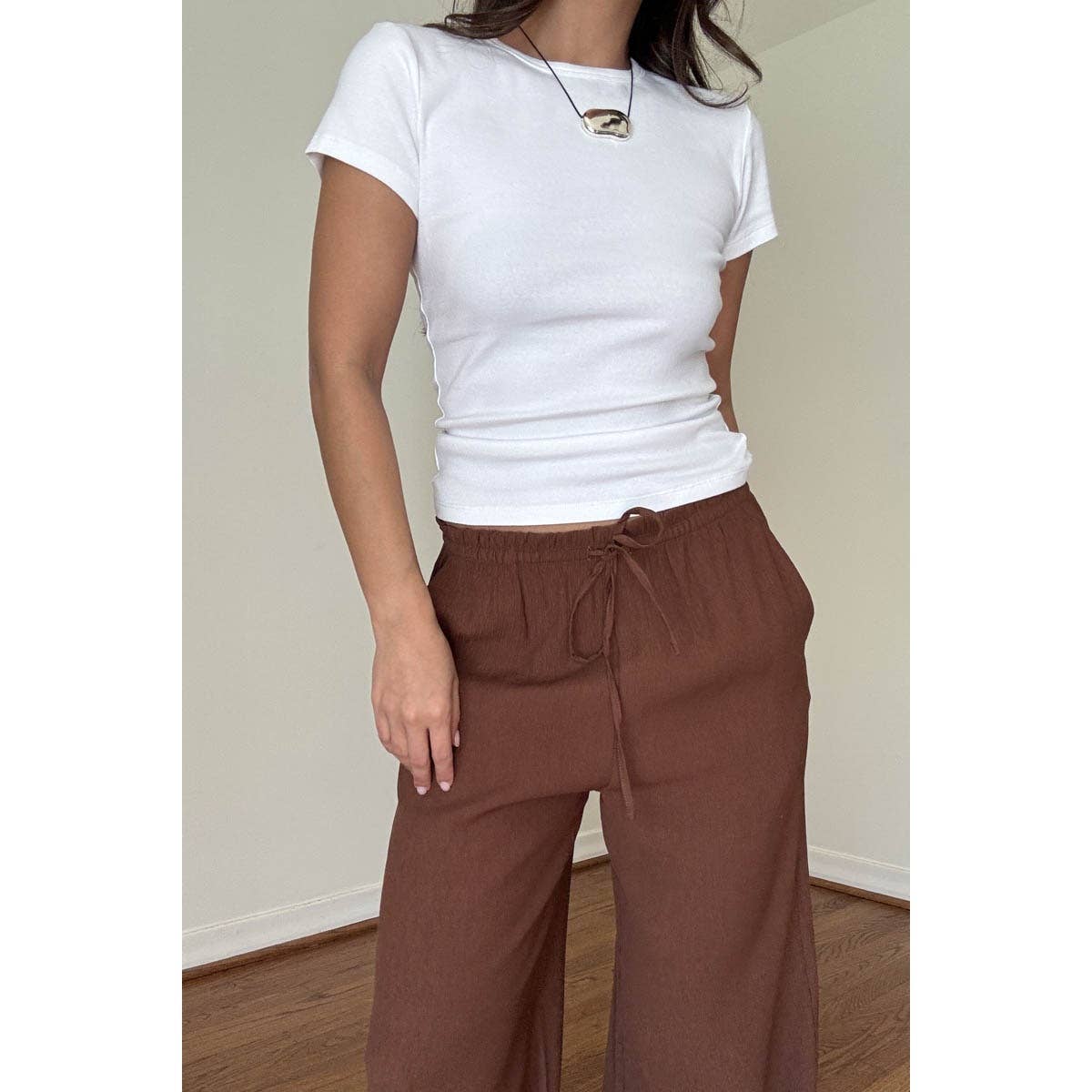 Drawstring Mid Waist Straight Leg Flowy Pants