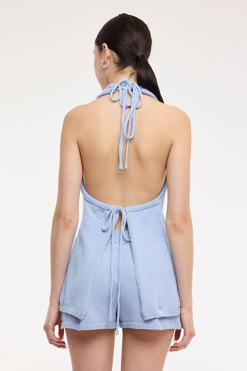 HALTER TIE NECK OPEN BACK KNIT TOP & SHORT SET