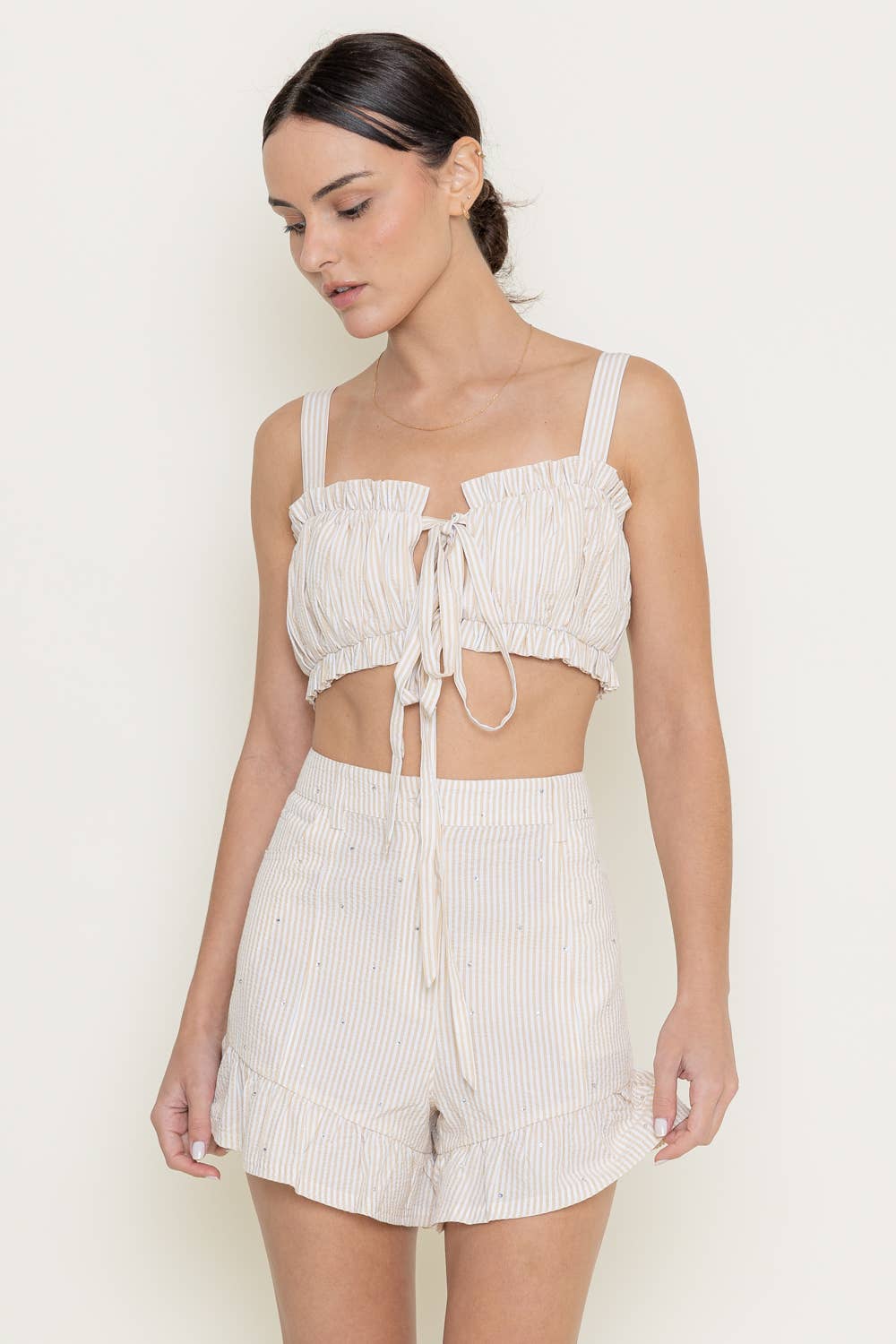 PLEATED STRIPE RUFFLE SELF STRAP BOW TIE CROP TOP