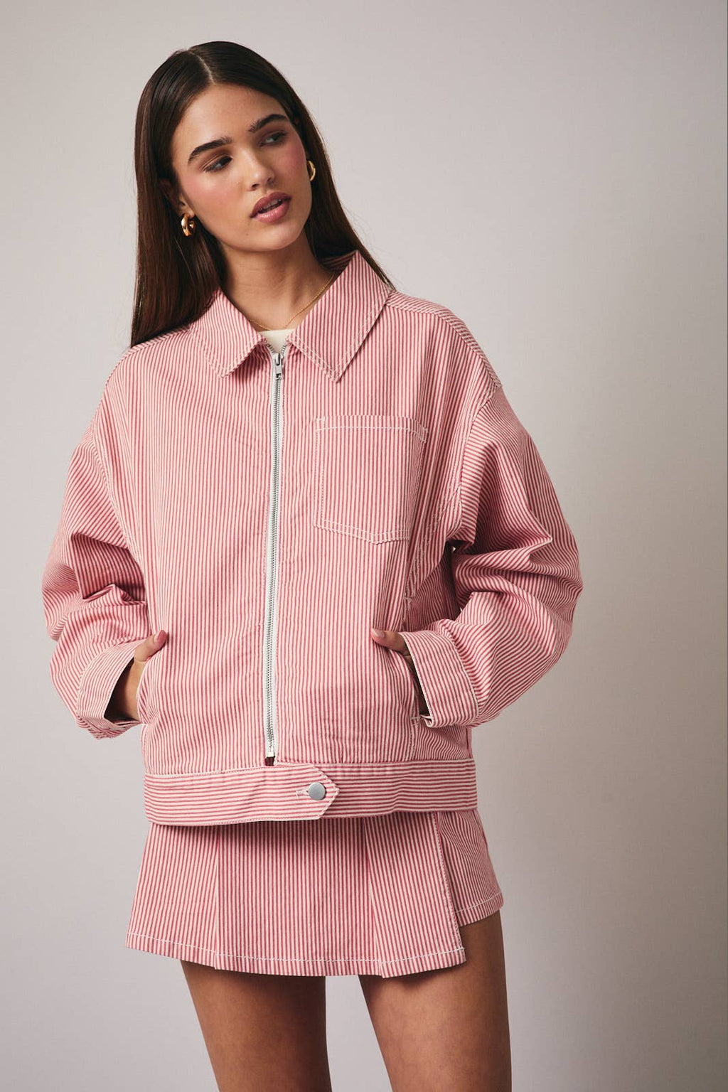 Stripe Stretch Twill Zip-Up Bomber Jacket