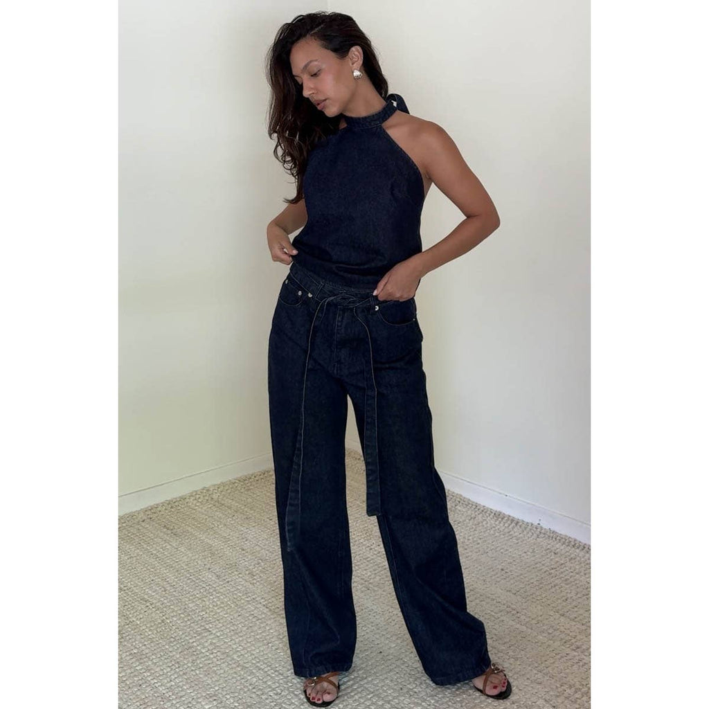 Self-Tie Belt Loose Baggy Fit Denim Pants