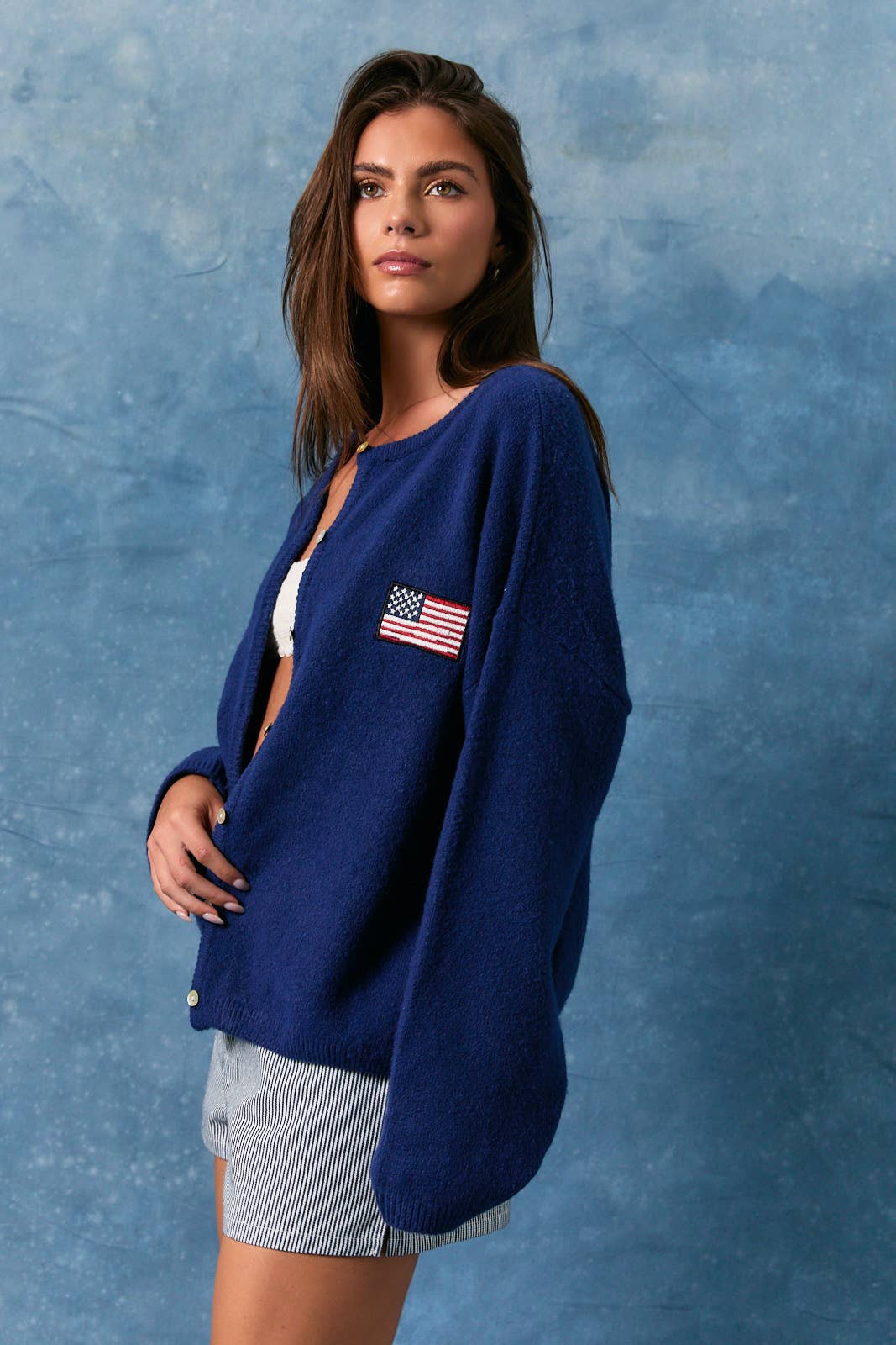 LONG SLEEVE CREW NECK USA FLAG SWEATER CARDIGAN