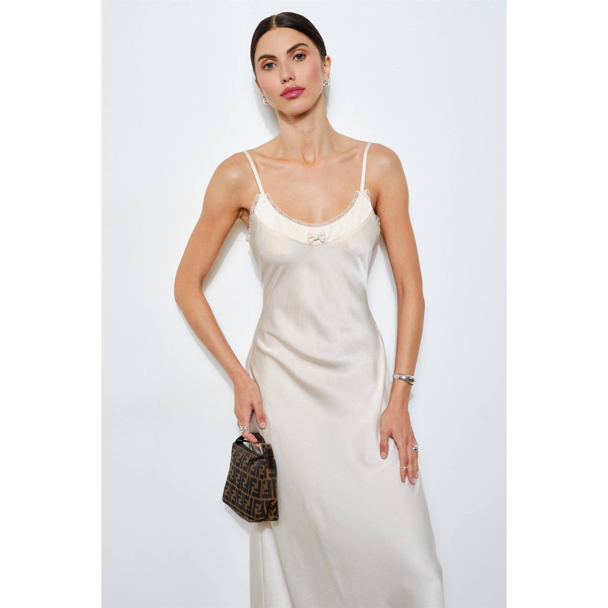 Genevieve Open Back Slip Dress in Ivory Satin