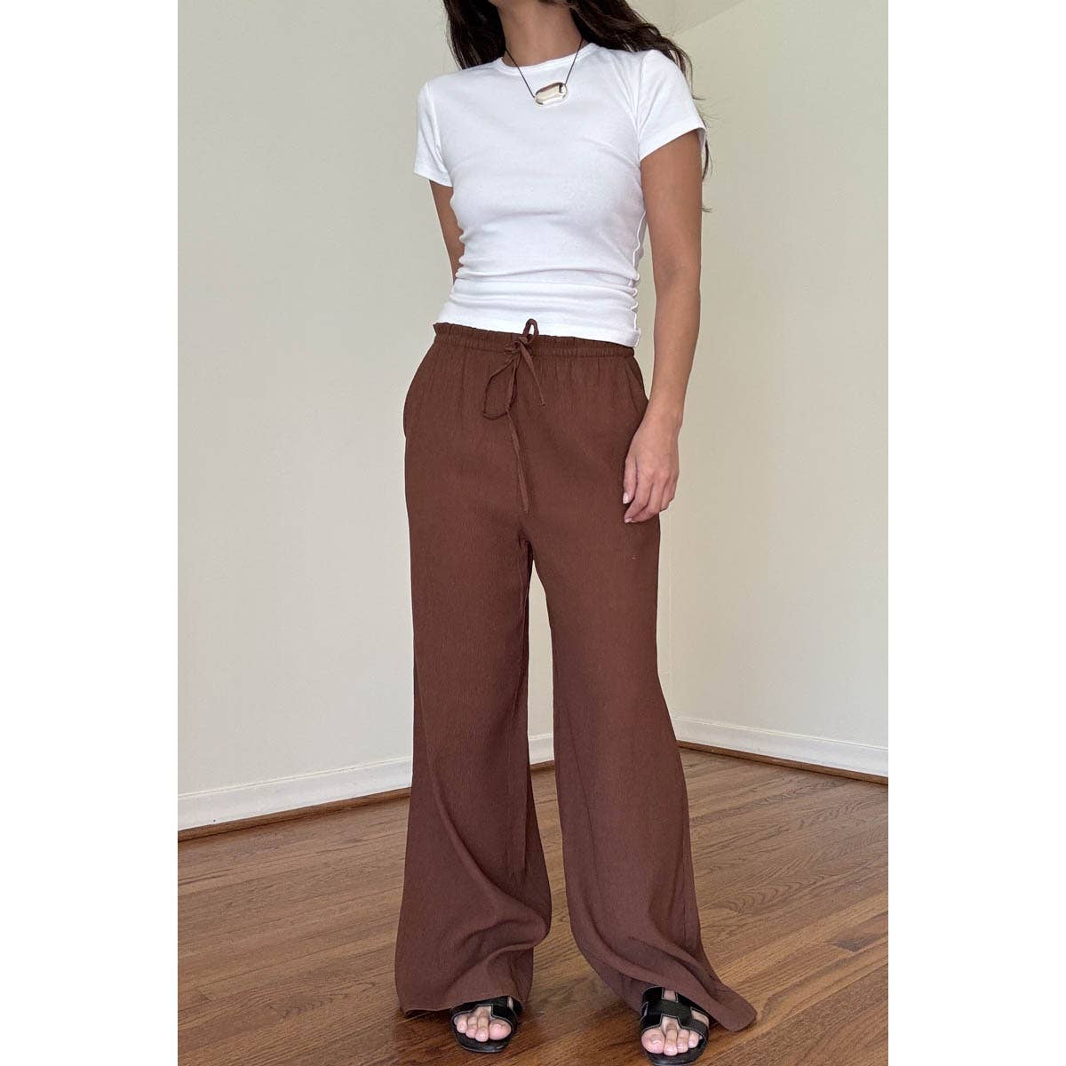 Drawstring Mid Waist Straight Leg Flowy Pants