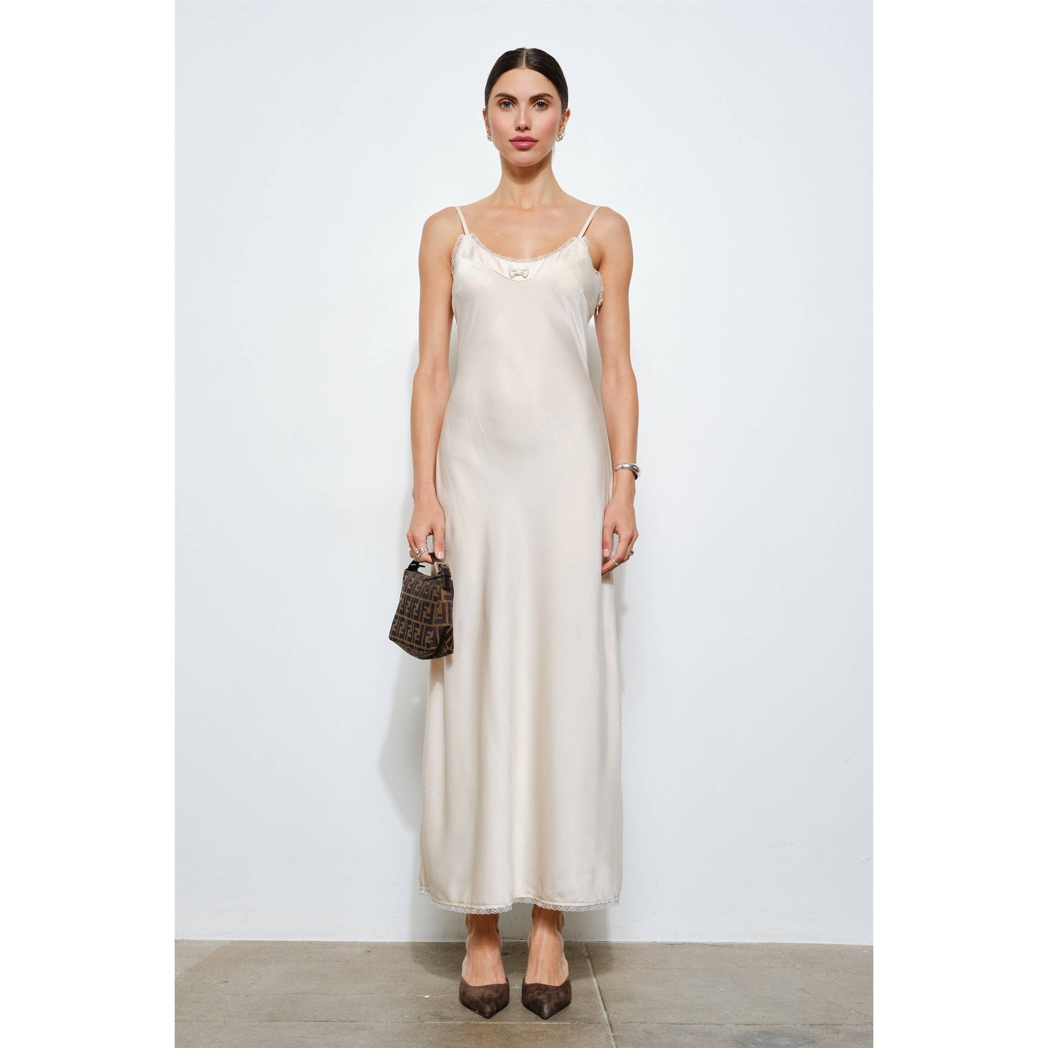 Genevieve Open Back Slip Dress in Ivory Satin