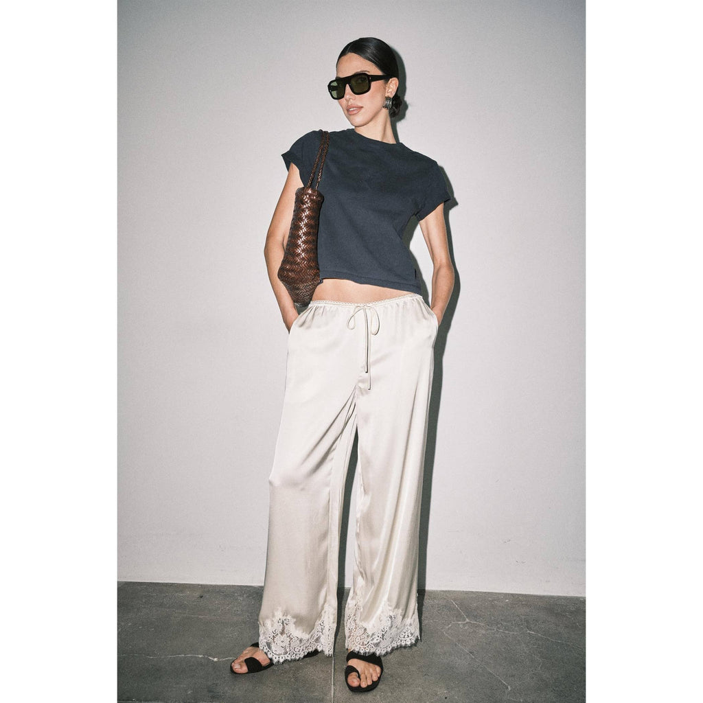 MIREYA SATIN LACE HEM WIDE LEG PALAZZO PANTS