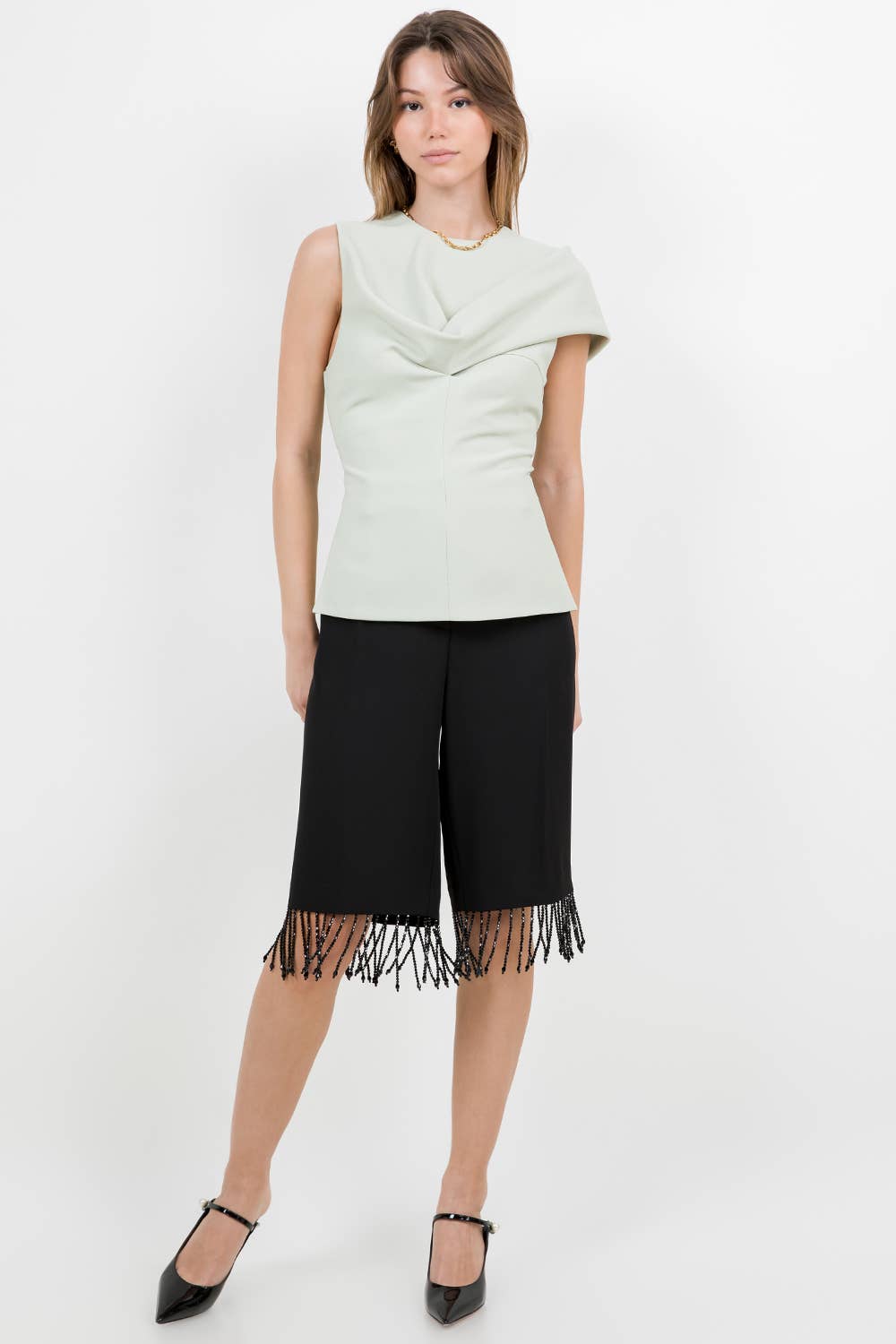 SOFT WOVEN DRAPE DETAILED SLEEVELESS FITTED TOP - SAGE