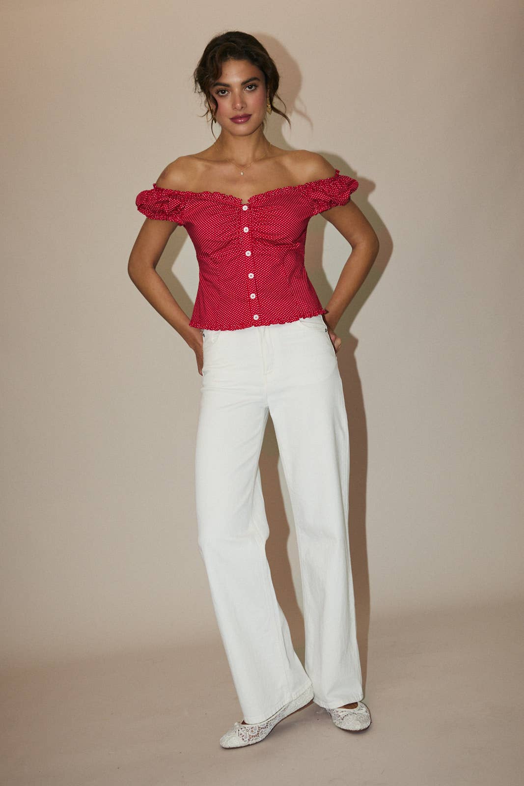 Cap Sleeve Button Down Polka Dot Top