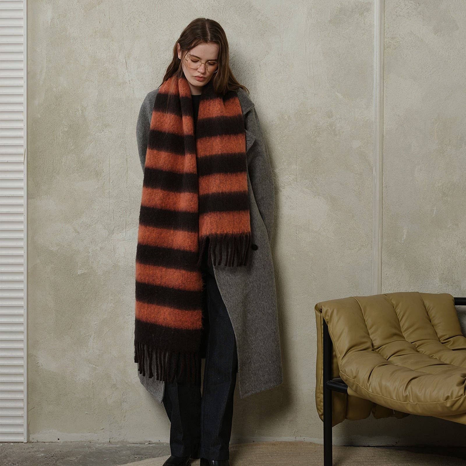 Striped Color Block Thicken Tassel Warm Scarf