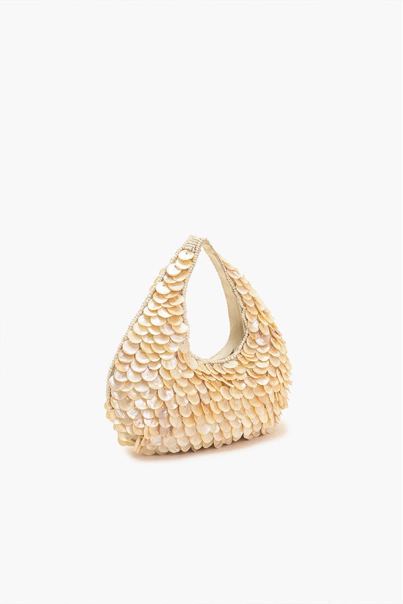 RAINBOW SHELL BEADED ROUND HAND-HELD BAG
